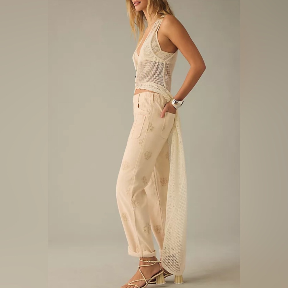Pilcro Anthropologie ivory pull on pants floral S wide leg high waist jeans - Picture 2 of 11